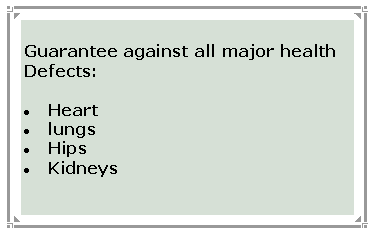 Text Box: Guarantee against all major health Defects: Heart lungs HipsKidneys